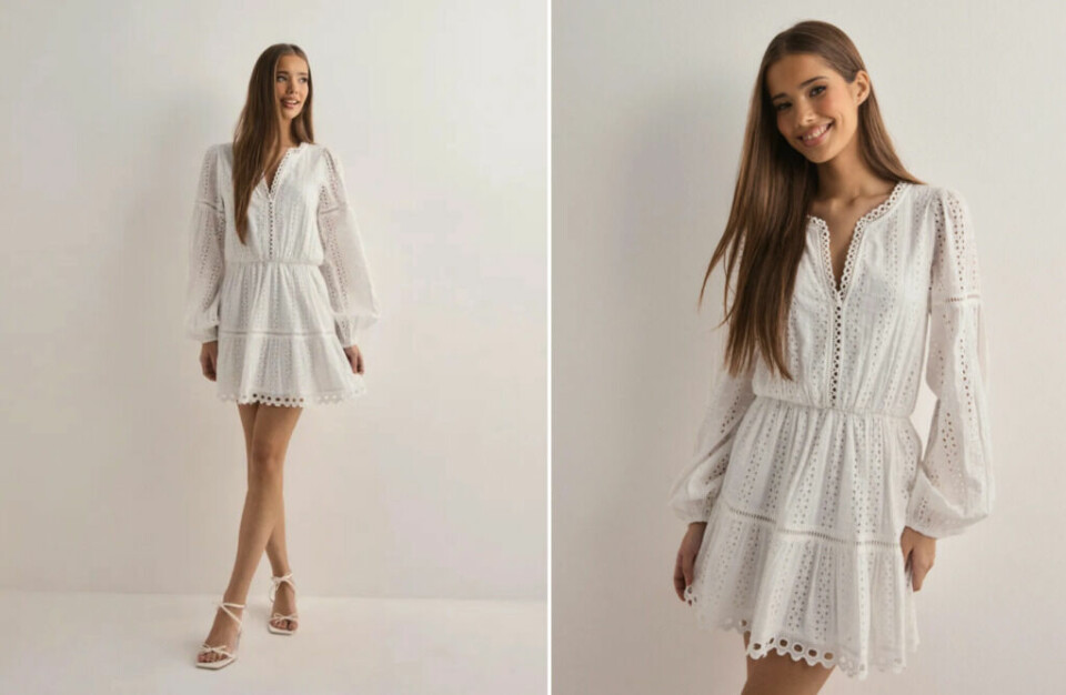 (Foto: Nelly) På bildet ser vi en modell iført en lang, blomstrete vårkjole i myke pastellfarger, med voluminøse ermer og innsvinget midje. Kjolen er fra Zizzi og kombinerer romantiske detaljer med en moderne silhuett, perfekt for vårens og sommerens anledninger. Bakgrunnen viser en solrik gate med grønne trær, som fremhever kjolens lette og luftige stoff.