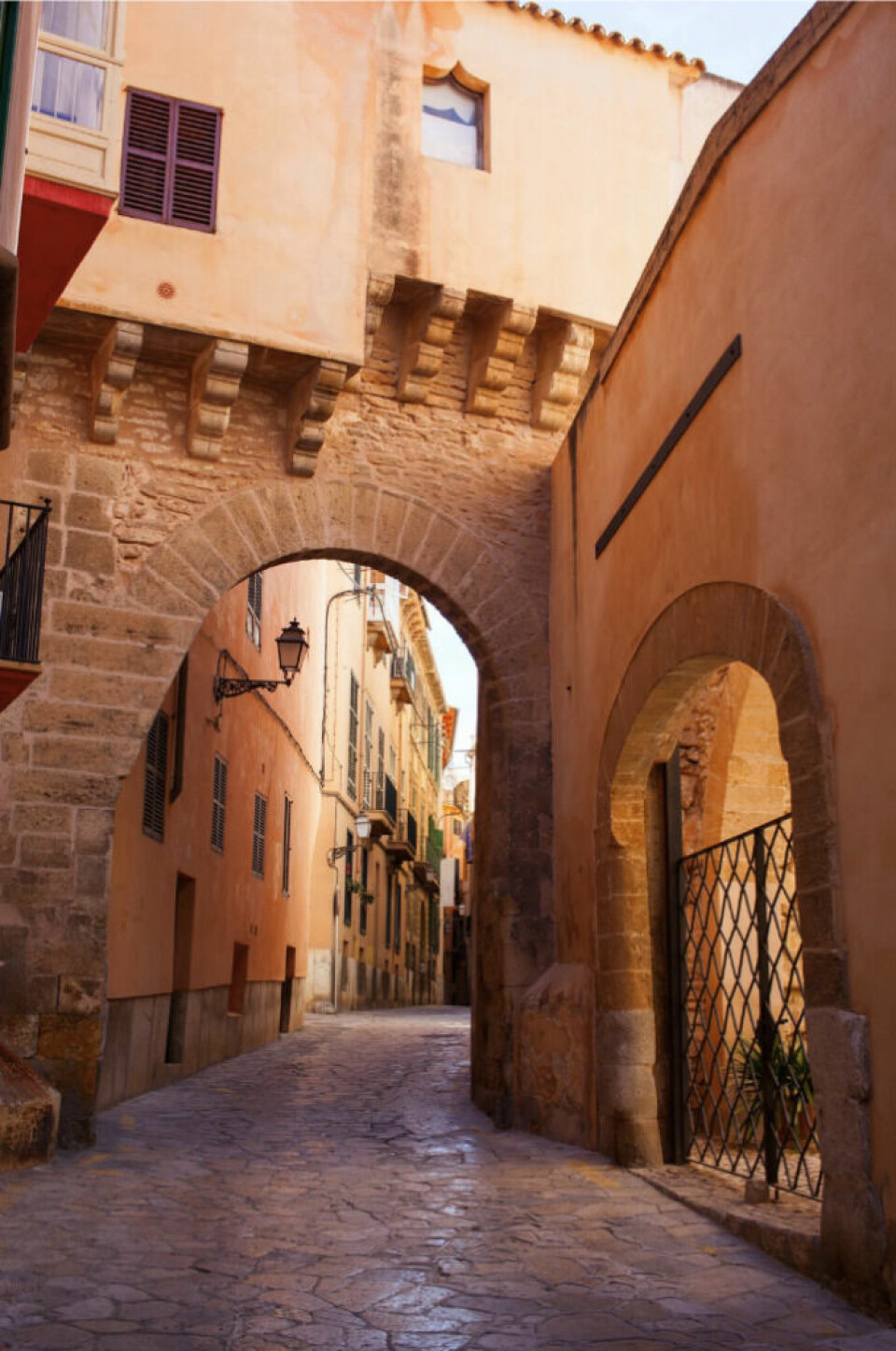 Sjarmerende, historisk gate i Barrio Calatrava, en av de eldste bydelene i Palma de Mallorca. Dette bildet viser en sjarmerende, historisk gate i Barrio Calatrava, en av de eldste bydelene i Palma de Mallorca, Spania. Detaljbeskrivelse: En steinhvelvet buegang skaper en naturlig inngang til den smale, brosteinsbelagte gaten. Bygningene på hver side har varme, jordfargede fasader, typiske for Mallorcas tradisjonelle arkitektur. Smijernslamper og små balkonger med grønnmalte skodder tilfører en autentisk middelhavsstemning. Til høyre er en hvelvet inngang med en smijernsport, muligens en del av en historisk patio (Los Patios), som er karakteristisk for gamle mallorcanske herskapshus. Sollyset filtreres gjennom smale gater og kaster myke skygger, noe som gir en rolig og tidløs atmosfære. Bildets budskap: Dette bildet fanger essensen av Palma de Mallorcas historiske sjarm, og fremhever arkitektoniske detaljer, kulturarv og en rolig, autentisk atmosfære. Perfekt for de som vil utforske det historiske Mallorca, langt unna de travle turistområdene. Sjarmerende, historisk gate i Barrio Calatrava, en av de eldste bydelene i Palma de Mallorca.