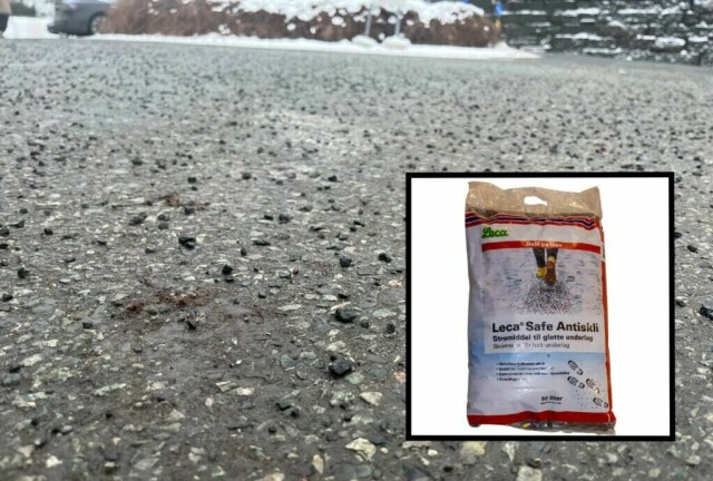 Med en pose eller bøtte Leca antiskli i gangen kan du enkelt strø deg ut døra når vinterværet byr på sitt glatteste underlag av is og snø. Vi har sjekket prissammenligning og funnet billigste poser med 10, og 50 liter knust Leca Safe. (Foto: Cecilie Aasland / ABC Guider)