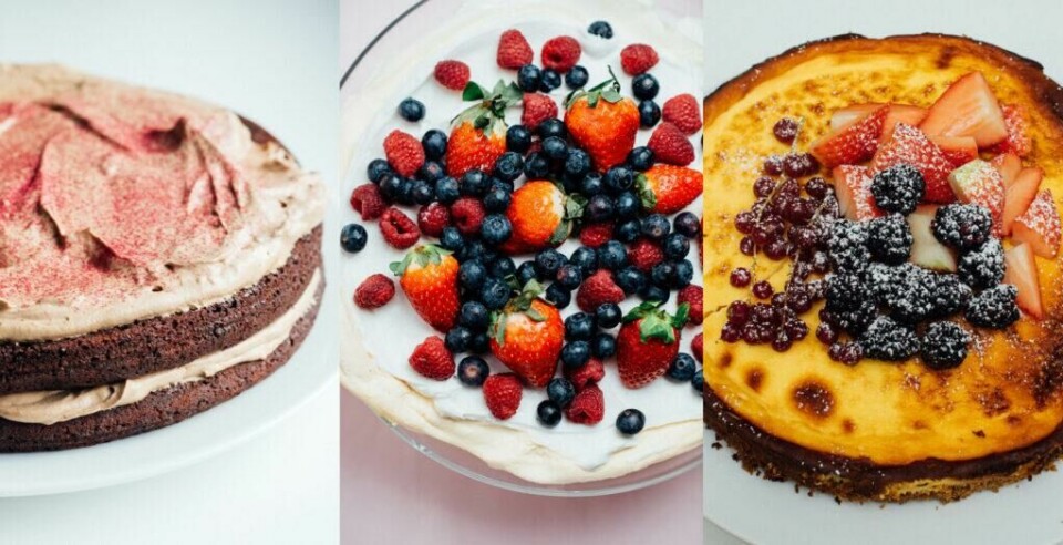 Vi deler oppskrift på fem veganske kaker og favoritter til 17 mai: Saftig sjokoladekake, Pavlova, bakt ostekake, brownie og Red Velvet. Alle veganske 17.mai-favoritter helt uten egg og melk. (Foto: Mari hult / Vegetarbloggen.no)