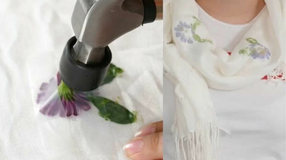 Oppgrader klær ved å hamre løs på blomster for vakre blomstertrykk. (Foto: Kreative Ideer/ Miriam Schjetlein)