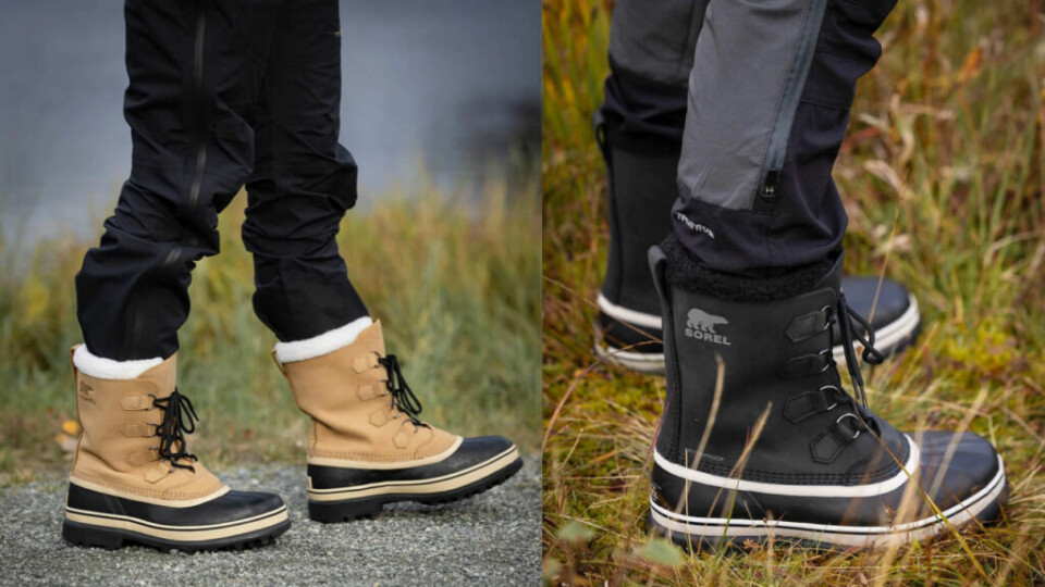 Sorel sine vintersko er perfekt til kalde vinterdager i Norge! (Foto: Get Inspired Man) Bilde av Sorel vintersko til herre ute i naturen. på bildet ser vi to par med Sorel sko. er par med Sorel i beige og et par med Sorel i sort.