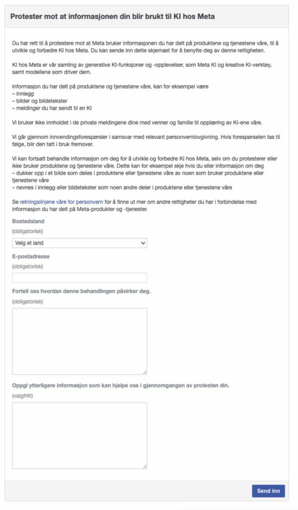 Her ser du skjermbilde av skjemaet til Meta (Facebook) der du kan søke om at dine private data ikke skal bli brukt til å trene Meta sin kunstige intelligens. facebook ønsker å bruke bilder, tekst og annen informasjon for å trene AI-robbotene sine. Dette er hvordan du unngår det.
