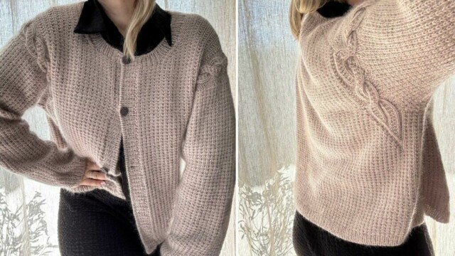 Elowen cardigan strikkes med markante fletter over skuldrene og en lun, strukturert overflate. (Foto: Mine Gleder)