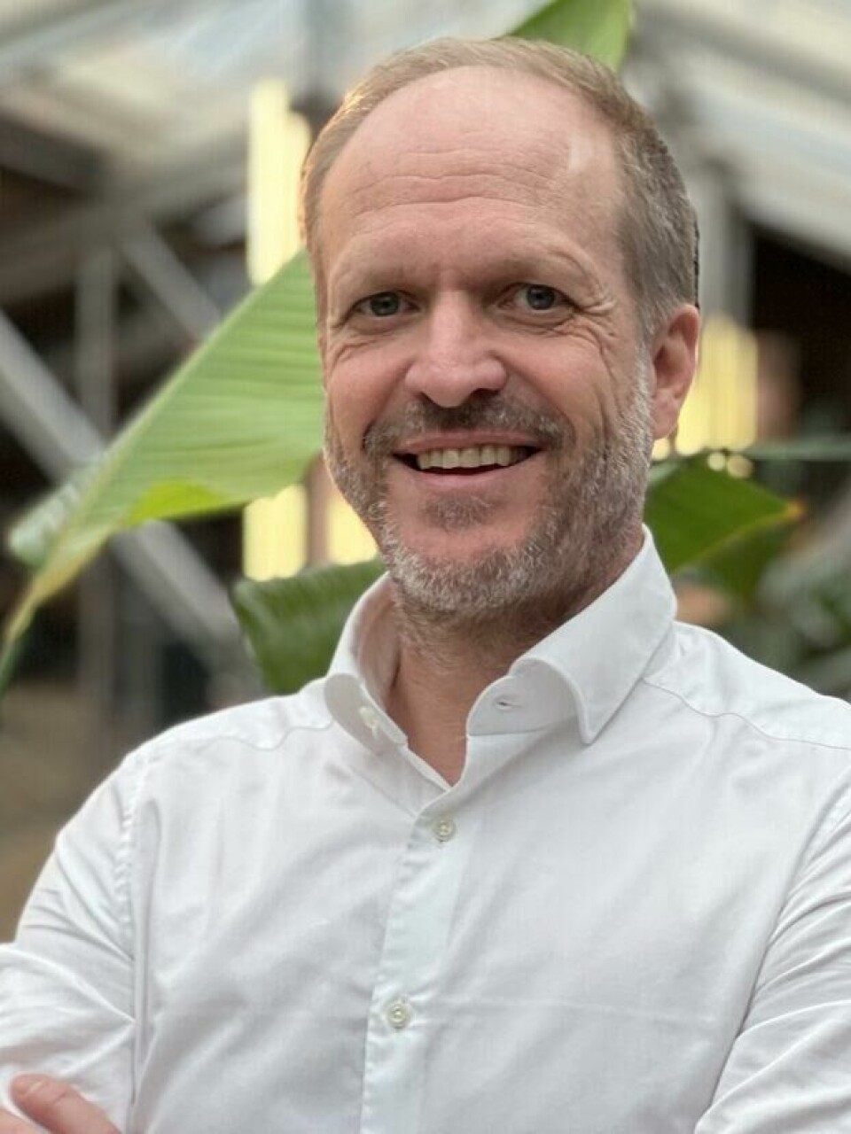 Daglig leder hos restplass.no, Hans Christian Birkeland, avslører hvor nordmenn helst vil bo på Gran Canaria. Bildet viser en smilende mann med skjegg og kort blondt hår, iført en hvit skjorte. Han står innendørs i et rom med moderne arkitektur, preget av metallstrukturer og store grønne planter som bananblader i bakgrunnen. Lyset er mykt, og miljøet gir et inntrykk av å være et urbant drivhus eller en kontorplass med grønne innslag. Personen fremstår profesjonell og avslappet, med armene i kors og et vennlig uttrykk. Vi nordmenn elsker å reise til Gran Canaria, men hvor vil vi helst bo, på Puerto Rico, Playa Del Ingles eller Las Palmas? Vi gir deg svaret!