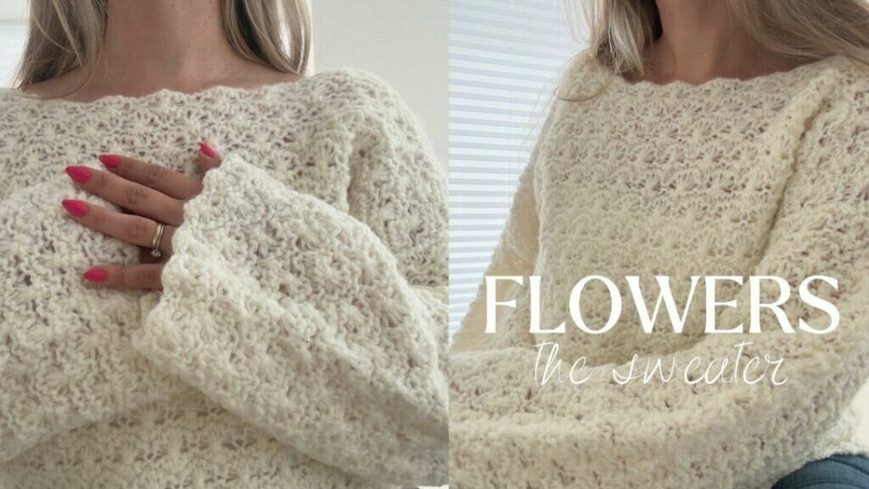 (Foto: Kreative Ideer/ Aurora Lange) Todelte bilder av en offwhite mohair-genser med båthals: til venstre ligger en hånd med knallrosa negler og gullring flatt over brystet, mens den florlette, hullete strikkestrukturen synes tydelig; til høyre vises genseren fra skrå side foran et vindu med hvite persienner, og gir et inntrykk av genserens løse passform og delikate mønster.