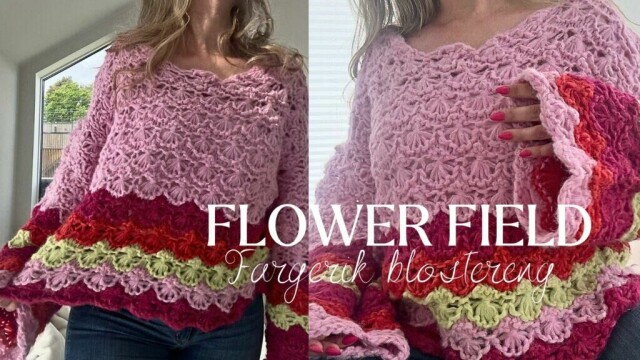 Flower Field er en chunky genser i rosa, rødt og lime. Med blomstrete struktur og luftige ermer er dette en damegenser som kombinerer effektfullt design og enkel strikketeknikk. (Foto: Kreative Ideer/ Aurora Lange)