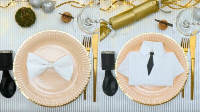 Elegant nyttårsbord med serviettbretting for en stilfull start på kvelden. (Foto: Kreative Ideer)