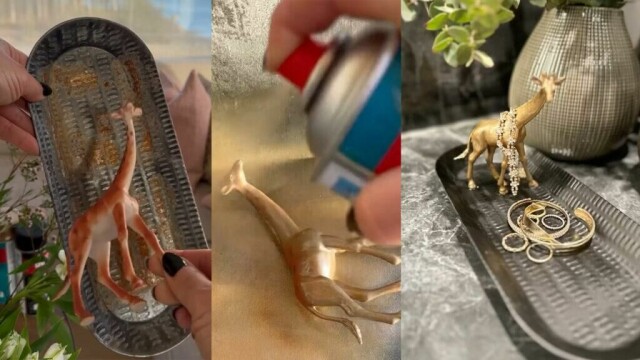 Gjør en lekegiraff til et stilig smykkestativ med litt spraymaling og et dekorativt fat. (Foto: Lise Wolden)