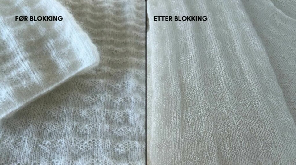 Blokking utgjør en stor forskjell – hjertemønsteret blir klarere, og genseren får sitt endelige uttrykk. (Foto: Kreative Ideer/ Aurora Lange) Før og etter blokking: «Usynlige hjerter» viser tydelig hvordan struktur og passform forbedres etter vask. Det lett bølgende mønsteret folder seg ut og fremhever hjertedetaljene.
