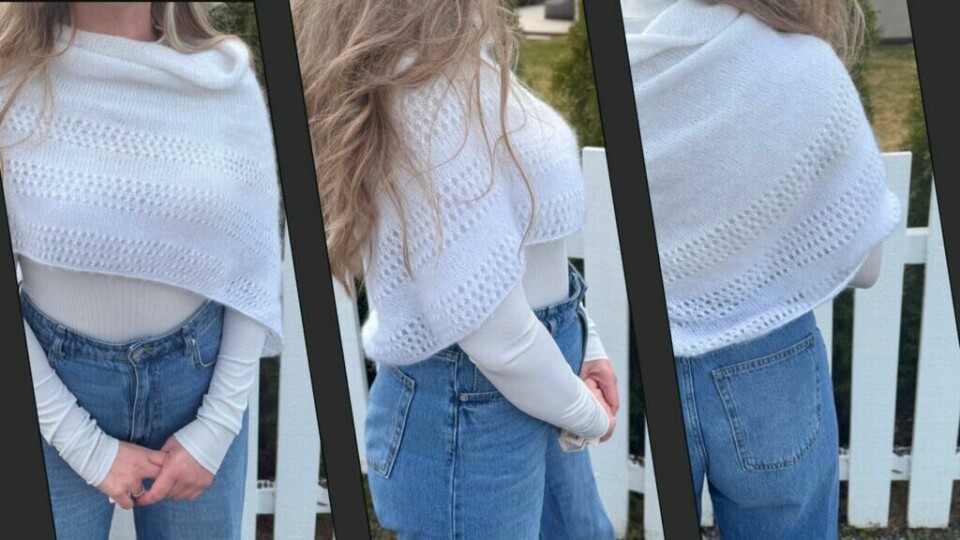 Triksi er en lett og asymmetrisk poncho designet av Tips og triks i hverdagen. Den strikkes i dobbel mohair og har et åpent hullmønster som gir plagget et luftig og anvendelig uttrykk. Den kan bæres både som poncho og skjerf. (Foto: Kreative Ideer/ Aurora Lange) Ponchoen Triksi sitter mykt over skuldrene og kan styles på flere måter – et allsidig tilskudd til vårgarderoben.