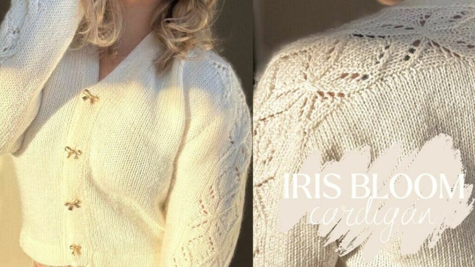 Iris Bloom Cardigan har elegante detaljer med strukturmønster og gullsløyfer – et feminint og monteringsfritt plagg du vil bruke hele året. (Foto: Mine Gleder) Nærbilde av den lyse Iris Bloom Cardigan, en feminin strikkejakke med strukturmønster over skuldre og ermer, glattstrikket bol og dobbelstrikket knappestolpe med dekorative gullsløyfeknapper. Jakken strikkes ovenfra og ned, helt uten montering.