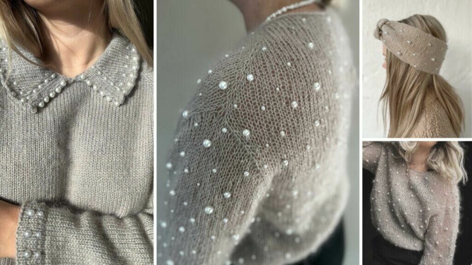 Strikk med perler gir et elegant uttrykk – her ser du hvordan perlene fremhever detaljer i både gensere og pannebånd. (Foto: Mine Gleder) Nærbilder av strikkede plagg med innstrikkede perler. Genser og pannebånd i mohair og ullgarn, dekorert med hvite perler, viser ulike måter å bruke perler i strikk på.