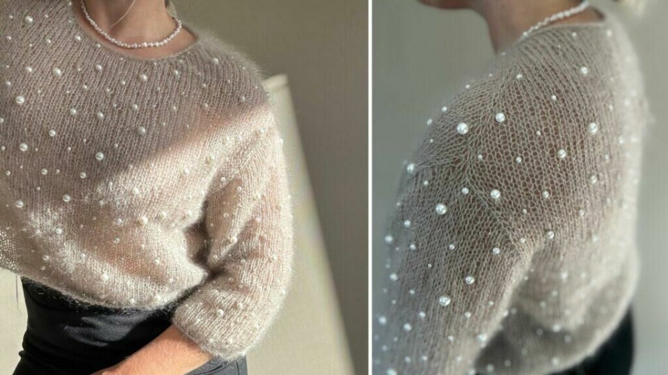 Oyster Blouse har en feminin fasong og perler strødd over hele bærestykket og ermene. (Foto: Mine Gleder) Strikket bluse i mohair med håndsydde perler jevnt fordelt over bærestykket og ermene. Modellen har kort fasong og rund hals.