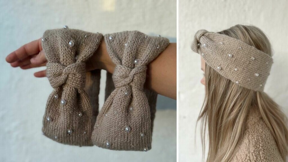 Oyster Twist pannebånd kombinerer enkel strikk med dekorative perler og en dekorativ knute foran. (Foto: Mine Gleder) Pannebånd i beige ullgarn med dekorative perler og en tvist foran. Bildet viser både pannebåndet på hodet og flatt på hånden.
