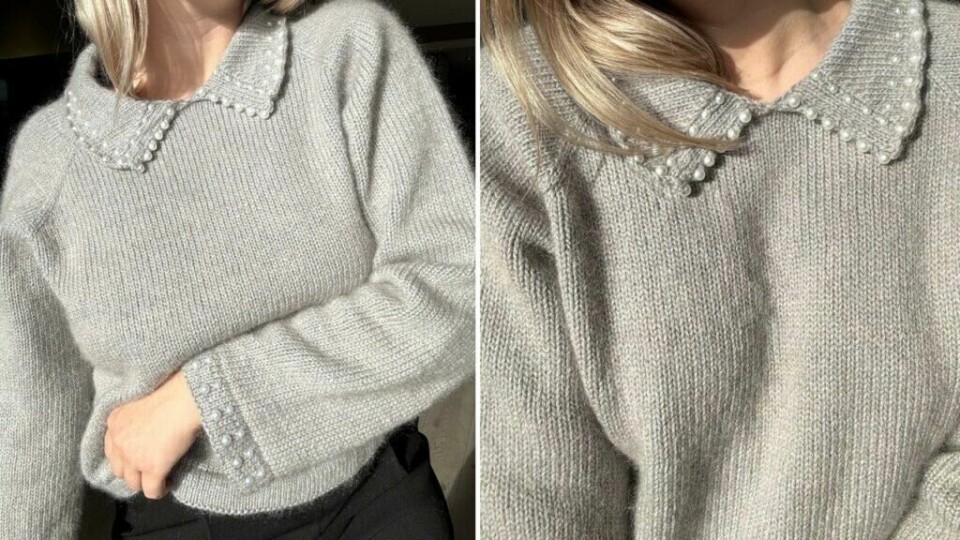 Oyster Collar Sweater er en klassisk genser med perlekrage og matchende detaljer på mansjettene. (Foto: Mine Gleder) Lys strikkegenser med bred krage og mansjetter dekorert med symmetrisk plasserte perler. Strikket i glattstrikk med silkemykt garn.